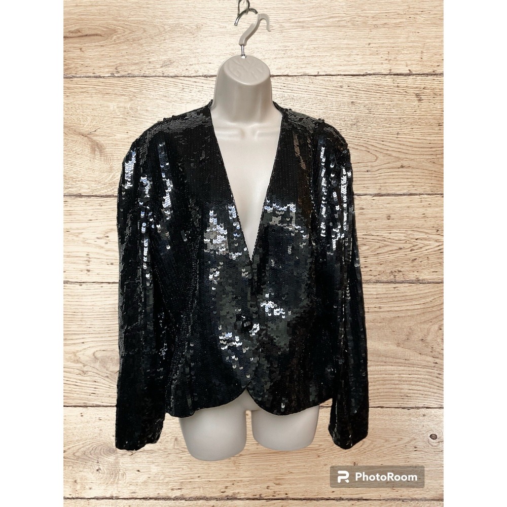 Vintage Black Sequin Blazer Jacket Single Button V-Neck Evening Party Shimmer